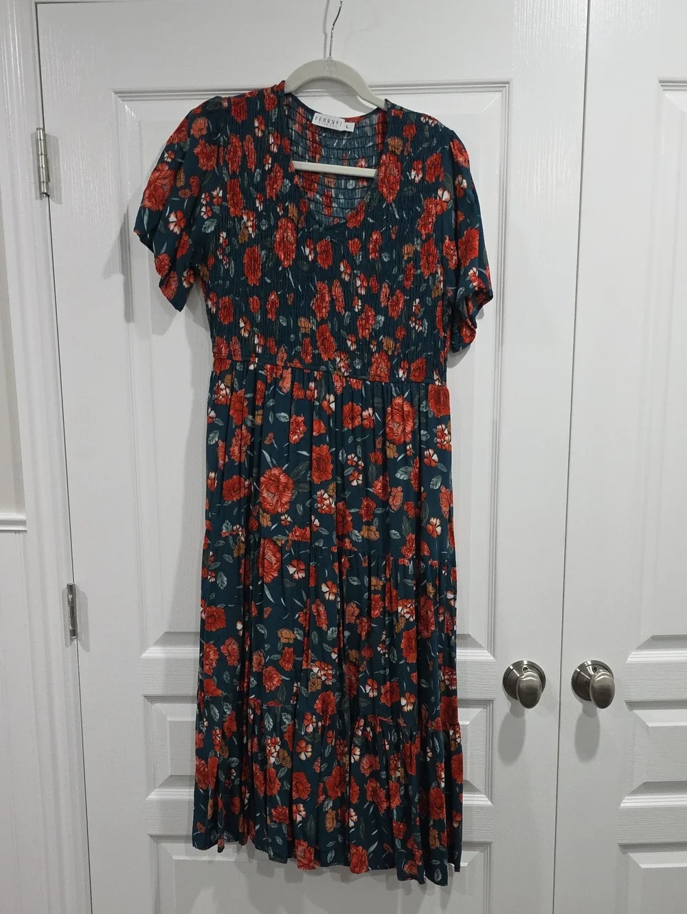 Teal Midi Dress with Red Floral Print - Picture 1 of 3